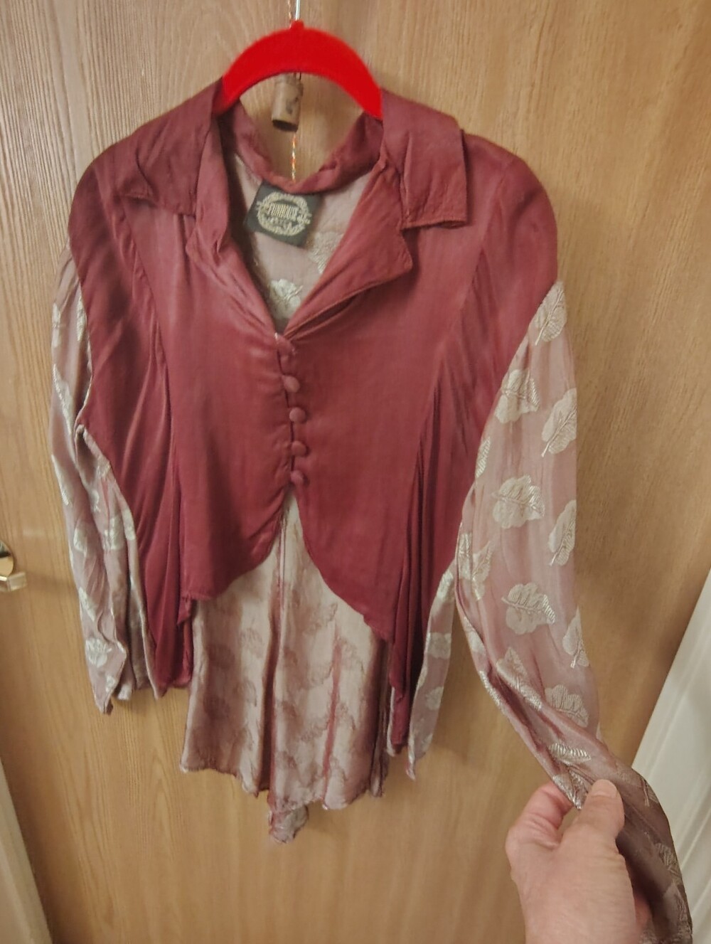 Vintage-Inspired Mauve Satin & Sheer Floral Women’s Blouse .....